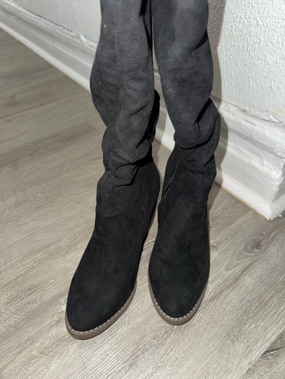Tall Black Suede-Look Stacked Heel Boots with Side Zip - Picture 5 of 6